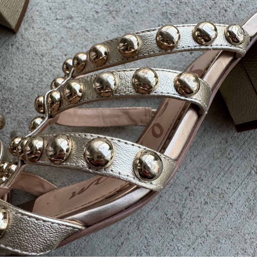 SAM EDELMAN Suri Champagne Gold Studded Mule Heels Size 8 Women Heels 3" Block - Picture 4 of 7